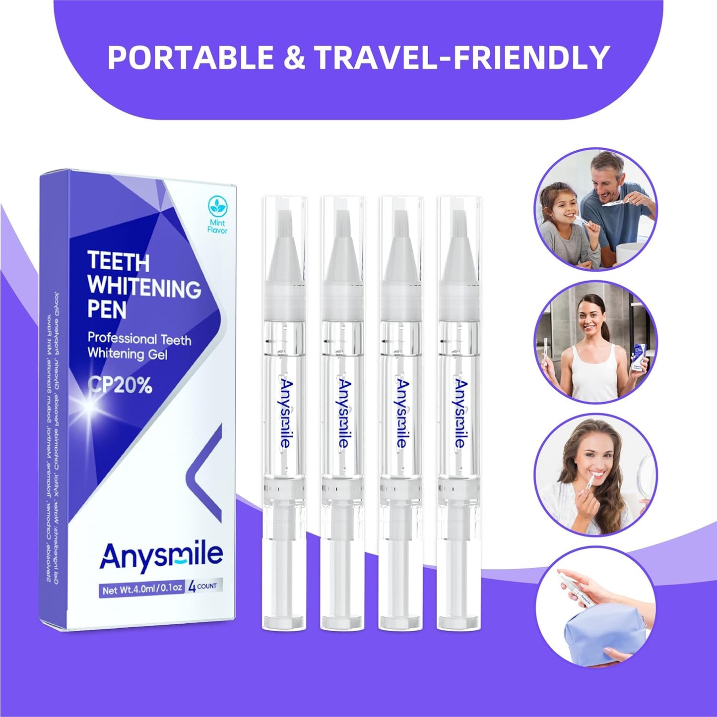 Teeth Whitening Pens Non Sensitive Teeth Whitener Gel with Effective 20% Carbamide Peroxide, 4 Professional Tooth Whitening Gel Pens 2ml/Pen
