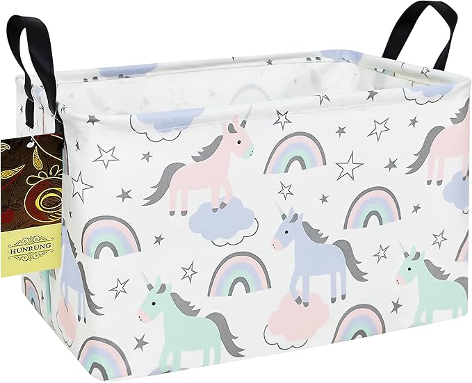 HUNRUNG Rectangle Storage Basket Cute Canvas Organizer Bin for Pet/Children Toys, Books, Clothes Perfect for Rooms/Playroom(REC-Star Unicorn)