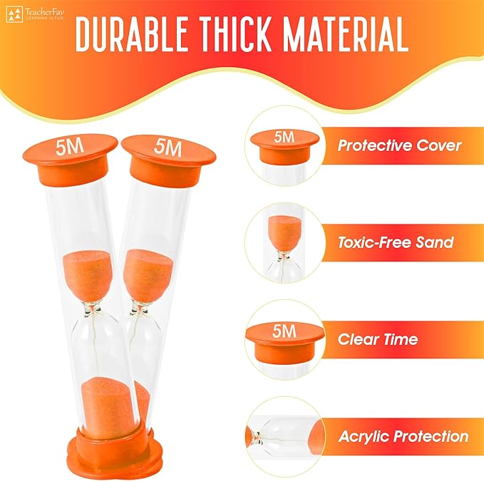 Sand Timer for Kids - 5 Minute Set of 4 Hour Glass - Orange Color- Acrylic Covered for Classroom, Home & Kids Room