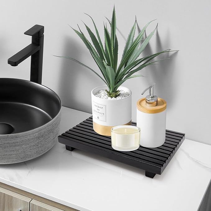 Renawe Black Bathroom Counter Tray Organizer Wood Riser Stand Kitchen Countertop Trays Wooden Pedesta Display Dish Soap Dispenser Holder for Bathroom Decor Sink Accessories Vanity Tray