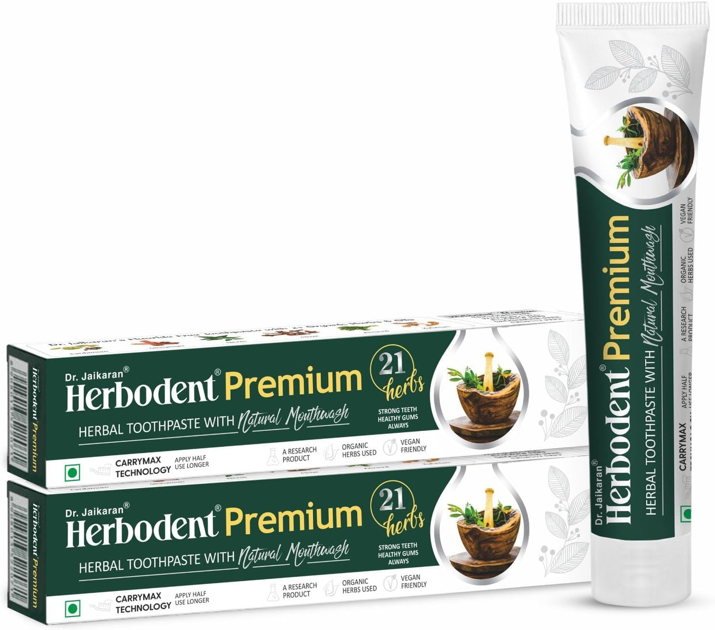 Herbodent® Premium Toothpaste - 5.82 Oz Pack of 2 | 21 Herbs for Strong Teeth & Healthy Gums- Neem, Clove, Cinnamon, Cardamom with Natural Mouthwash-No Paraben, No Fluoride, No Saccharin, No Triclosan