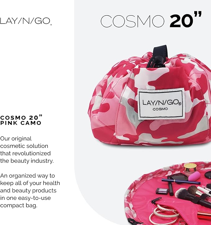 Lay-n-Go Cosmo Drawstring Cosmetic & Makeup Bag Organizer - Portable Drawstring Makeup Bag w/Zipper Pocket, Makeup Loops & More - Durable, Machine Washable Toiletry Sack for Travel (20", Pink Camo)