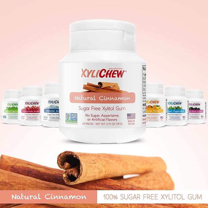 Xylichew 100% Xylitol Chewing Gum - Non GMO, Non Aspartame, Gluten Free, and Sugar Free Gum - Natural Oral Care, Relieves Bad Breath and Dry Mouth - Cinnamon, 60 Count