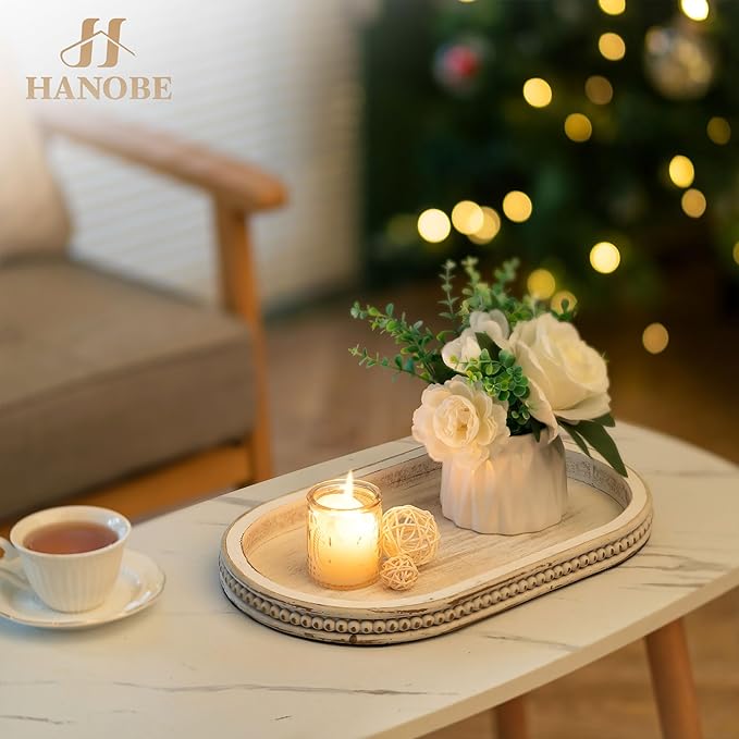 Hanobe Decorative Trays for Coffee Table : White Oval Centerpiece Tray Wood for Farmhouse Entry Table Decor Round Bathroom Tray for Living Room Kitchen Counter