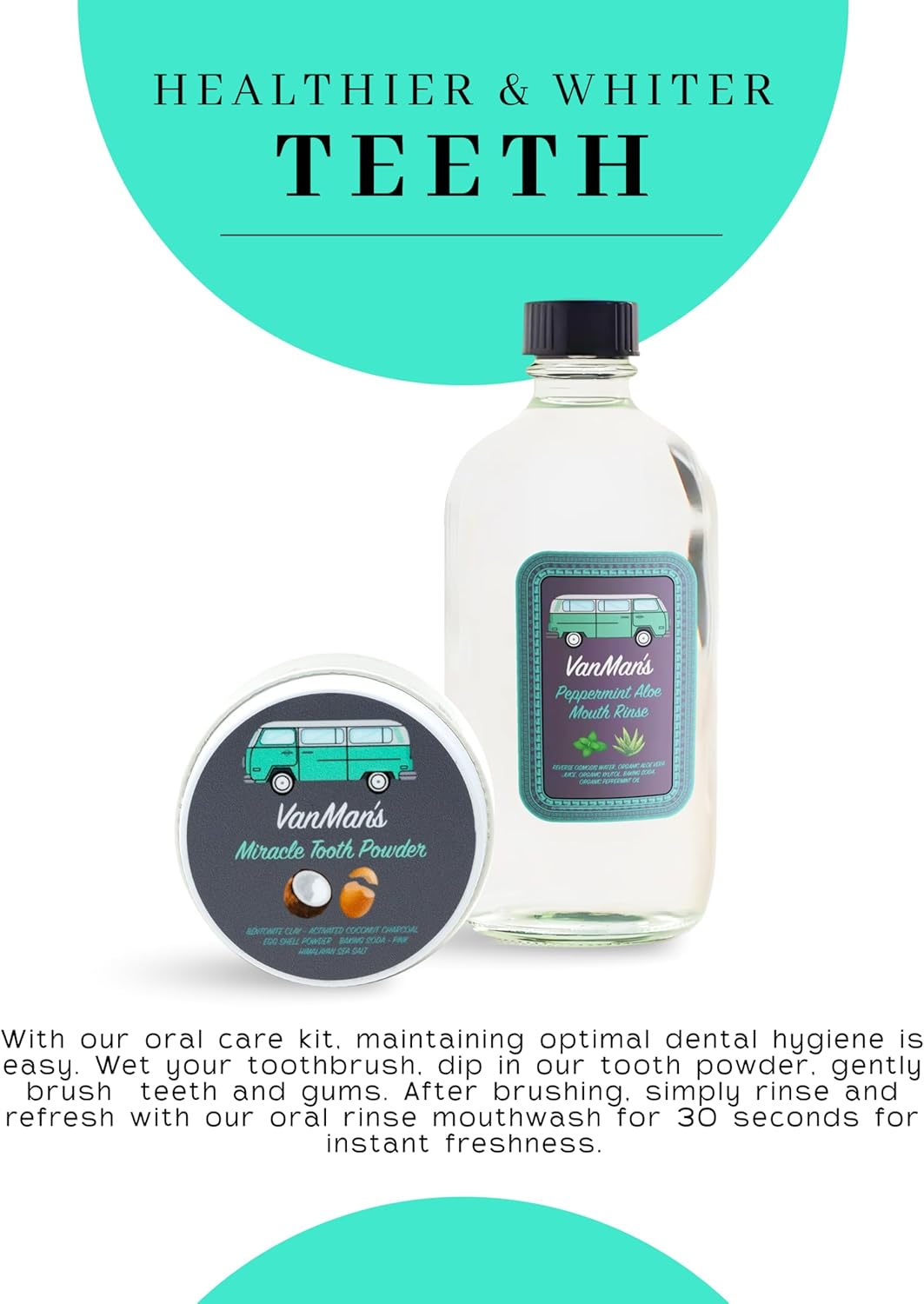 Vanman's - Oral Mouth Care Kit with Powder Toothpaste (2.2 Ounce) and Oral Rinse Mouthwash (8.8 Ounce) - Aloe, Mint Remineralizing Mouthwash and Tooth Powder with Coconut Charcoal, Egg Shell