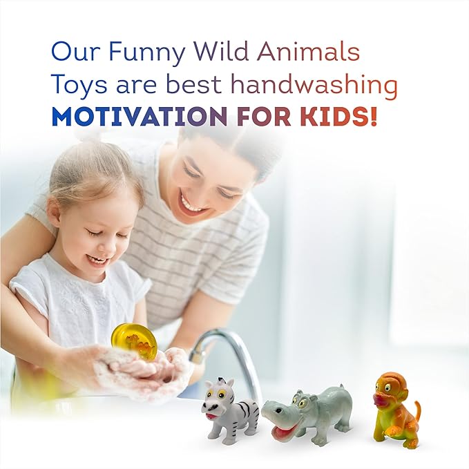 4 Soap Bars for Kids with Funny Animals Surprise Inside - Collect All 12 Wild Animals Toys - Moisturizing Children's Skin - Lemon, Strawberry, Green Apple, and Rose - Handmade in USA Soap Set for Kids