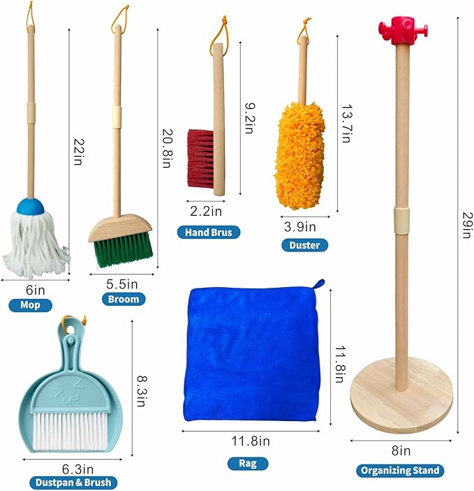 Kids Cleaning Set, 8 Pack Wooden Housework Cleaning Includes Broom Mop Duster Dustpan Brushes Rag and Organizing Stand, Solid Beech Wood , Cleaning Toys Gift for Toddlers Girls Boys Age 3-8