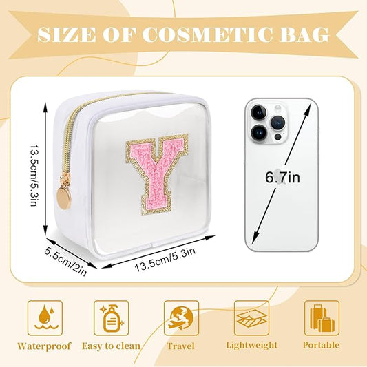 Personalized Initial Letter Clear Preppy Makeup Bag,Mini Nylon Chenille Letter Cosmetic Bag Cute Zipper Pouch Purse for Teen Girls,Portable TSA Approved Beach Travel Essentials Bag Gift for Women,Y