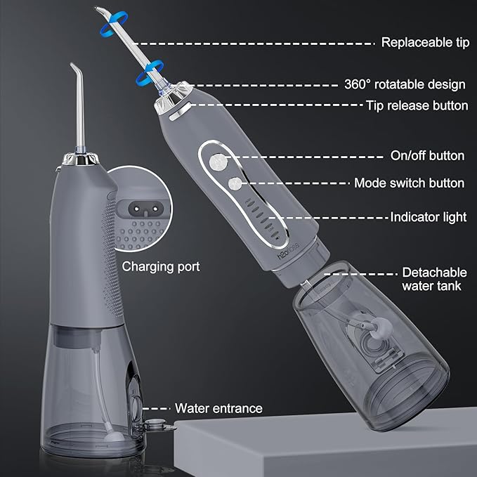H2ofloss Water Dental Flosser Pick for Teeth: 5 Modes Cordless Portable 300ML Larger Tank Water Teeth Cleaner IPX7 Waterproof Flossing Cleaning Picks for Home Travel Gray