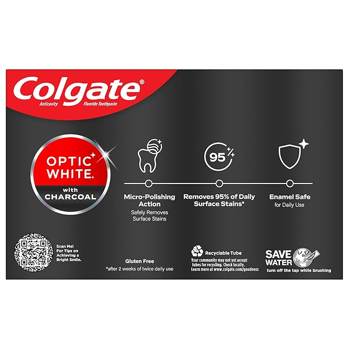 Colgate Optic White Whitening Toothpaste with Charcoal, Whitening with Charcoal Toothpaste Pack, Removes Daily Surface Stains, Enamel-Safe for Daily Use, Vegan, Cool Mint Paste, 2 Pack, 4.2 oz