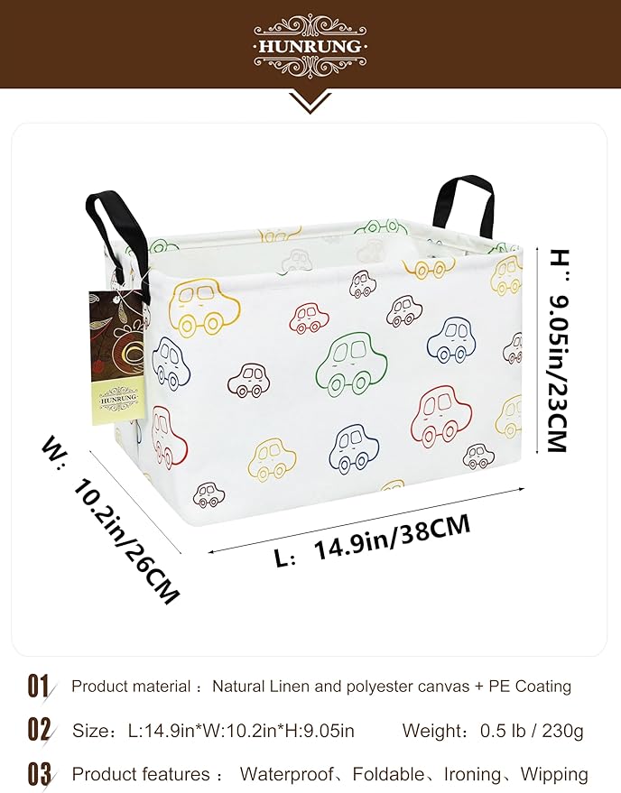 HUNRUNG Rectangle Storage Basket Cute Canvas Organizer Bin for Pet/Children Toys, Books, Clothes Perfect for Rooms/Playroom(REC-Car)