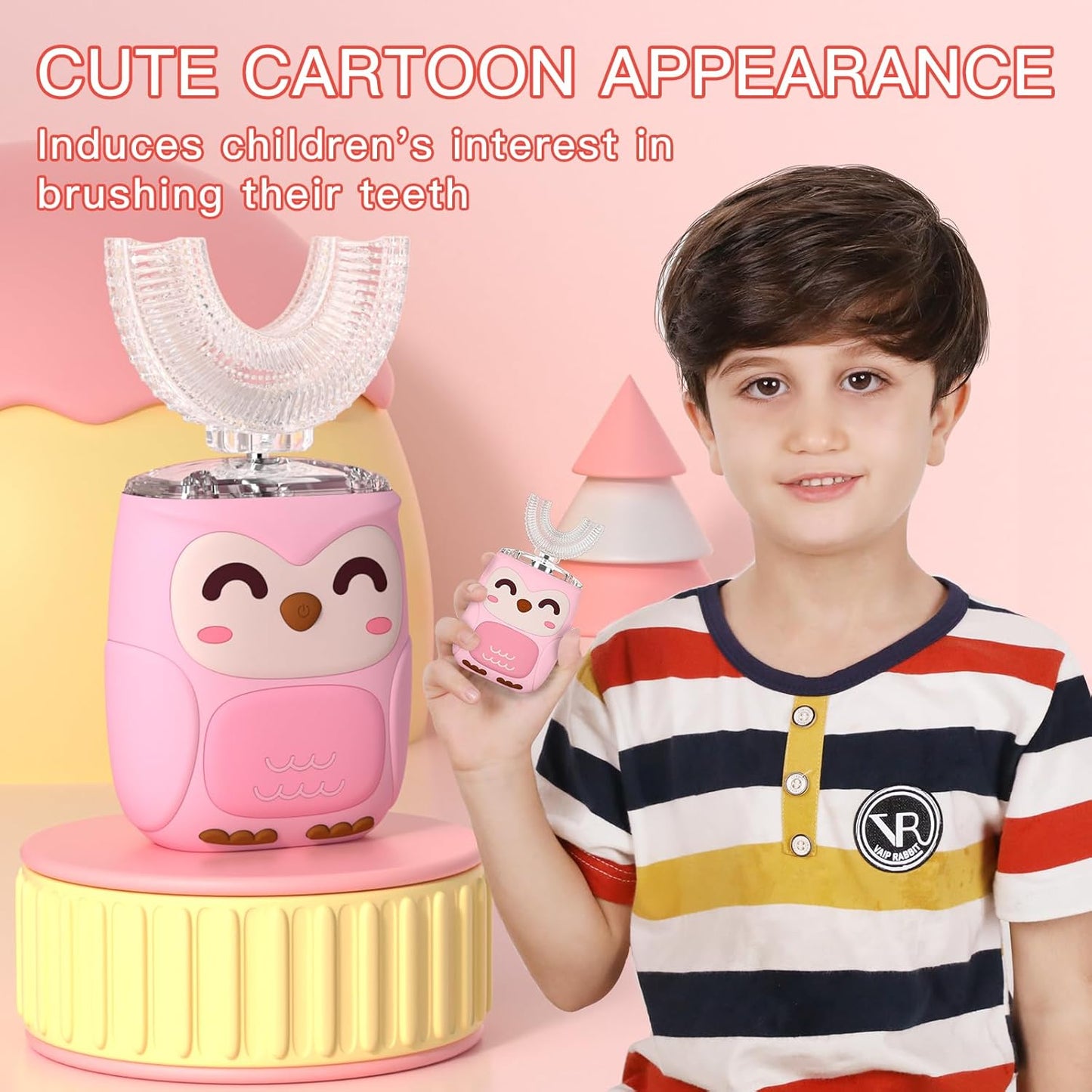 Kids Electric U Shaped Toothbrush Kids Sonic Toothbrush with 4 Soft Brush Head Automatic Full Mouth 6 Cleaning Mode-(Age8-15 Pink)