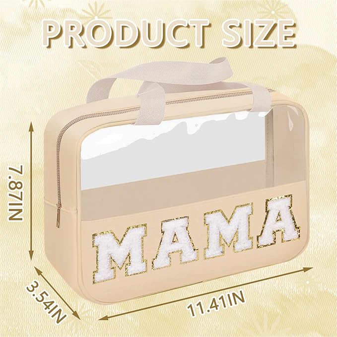 Iqimott Chenille Letter Patch Mama Bag, Preppy Clear Makeup Cosmetic Bag Large Toiletry Storage Tote Bag with Handle, Transparent Nylon Waterproof Organizer Zipper Pouch for Travel Women Girls(Beige)