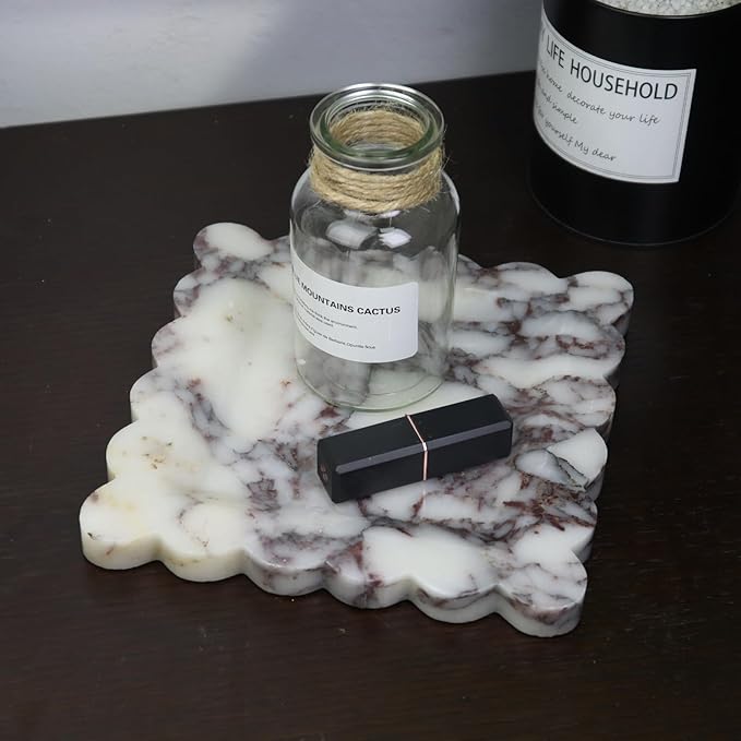 Square Marble Decorative Tray with Scalloped Edge, Luxury Natural Stone Bathroom Vanity Tray, Dresser Top Perfume Coffee Home Kitchen Sink Tray, Key Trinket Ring