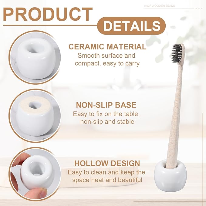 uxcell 2 Pcs Mini Ceramics Toothbrush Holder Stands, Sleek Mini Countertop Toothbrush Round Shape Ceramic Holder Stand for Bathroom Vanity Countertops, White
