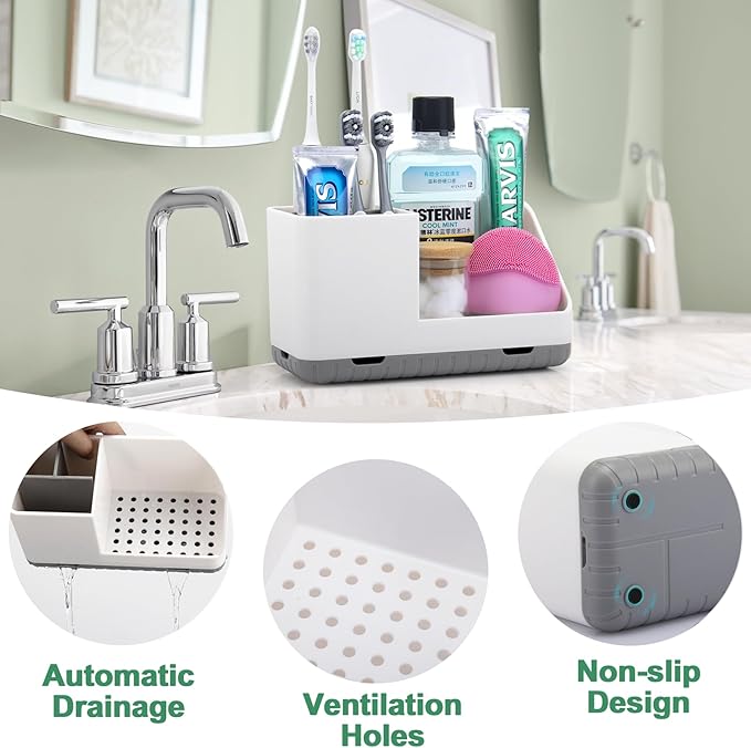 Toothbrush Holders for Bathrooms, Kids Electric Toothbrush and Toothpaste Holder with Drainage, Tooth Brush Holder for Bathroom Countertop Organizer (Grey)