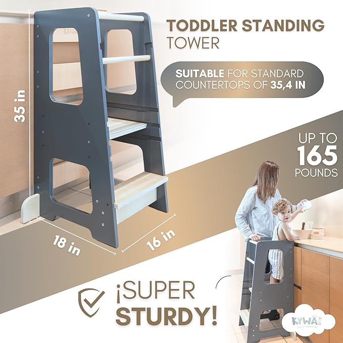 KYWAI® Toddler Kitchen Stool Helper, Adjustable Standing Tower with Safety Rails, Anti-Tip Design & Non-Slip Stickers, Sustainable Product with Extra Memory Game Made from Leftover Wood (Grey Blue)
