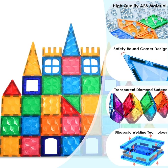 Magnetic Tiles, 102PCS Magnet Building Blocks with 2 Cars, 3D Diamond Magnetic Blocks, Construction Stem Toys for Kids, Educational Toys for Boys Girls Ages 3 4 5 6 7 8 (102 PCS)