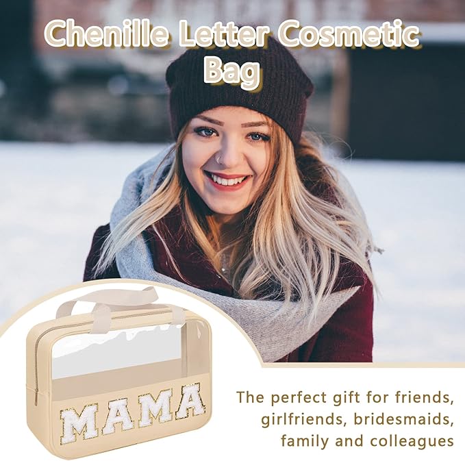 Iqimott Chenille Letter Patch Mama Bag, Preppy Clear Makeup Cosmetic Bag Large Toiletry Storage Tote Bag with Handle, Transparent Nylon Waterproof Organizer Zipper Pouch for Travel Women Girls(Beige)