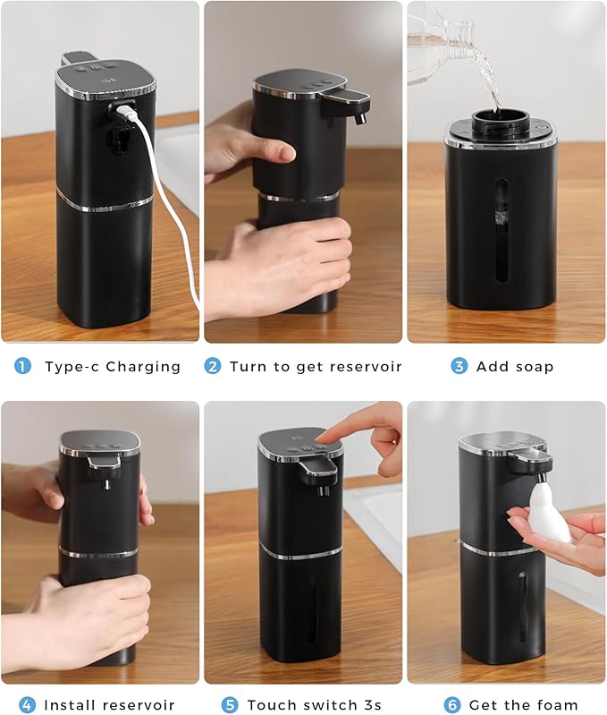 2 Pack Automatic Foaming Soap Dispenser, 12.8oz Rechargeable, Adjustable Foam Levels, IPX5 Waterproof, Touchless & Wall/Tabletop Use for Kitchen Bathroom, Black