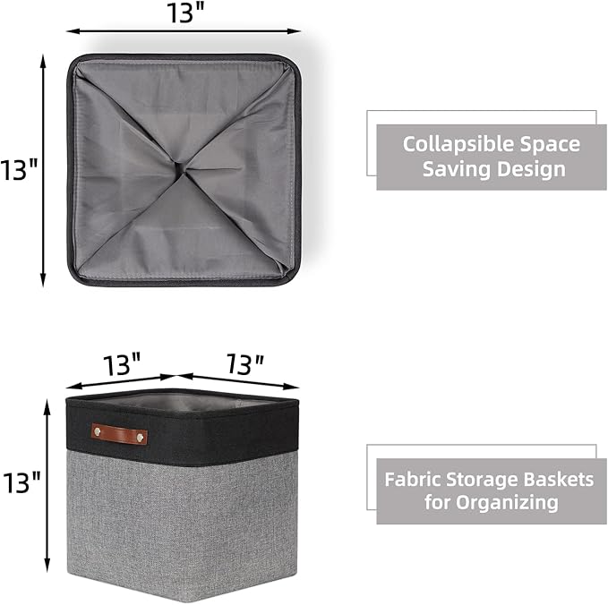 HNZIGE Storage Foldable Baskets Cubes Set(3 Pack) Fabric Bins for Shelves,13 Inch Storage Basket for Organizing with Leather Handles for Home, Toys, Clothes, Kids Room, Closet Storage(Black&White)