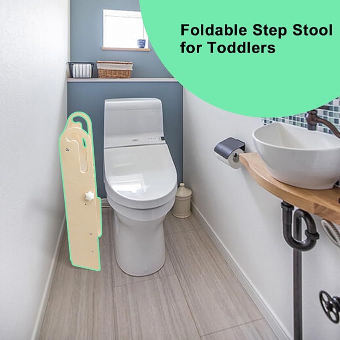 WOOD CITY Step Stool Foldable for Toddlers, Adjustable Kids Step Stool for Bathroom Sink Toilet Potty Training Stool with Handles Child Kitchen Counter Stool Helper Montessori Kitchen Stools