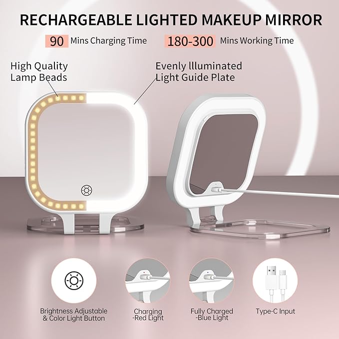 FUNTOUCH 4inch 1x 10x Magnifying Travel Makeup Mirror with Lights, Rechargeable Lighted Compact Mirror with Light, 3 Color Lighting, Double Sided Portable Handheld Hanging Compact Mirror, Dimmable
