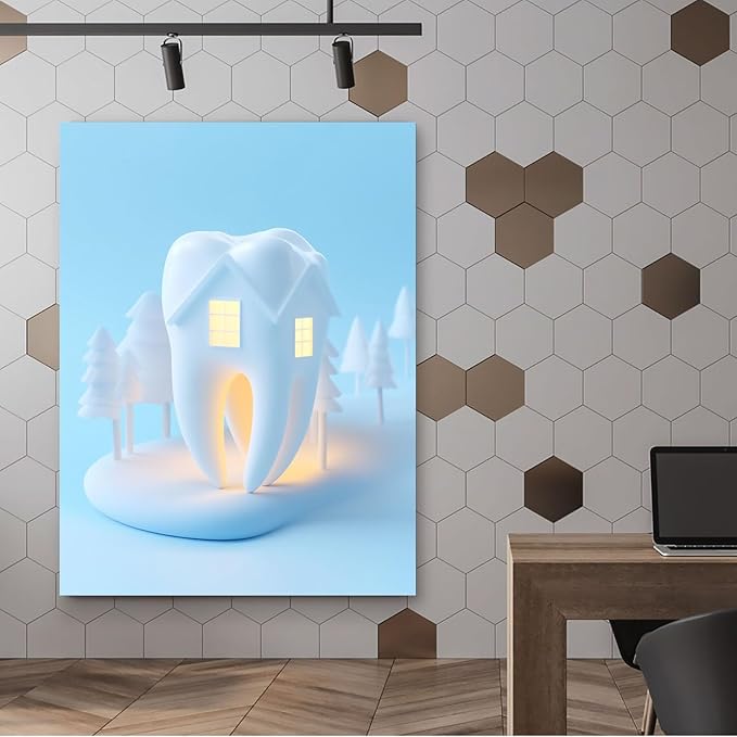 SchindlerBang Dental Surgeon Office Decor,Abstract Tooth House Art,Modern Clinic Wall Display,Professional Medical Artwork,12x16inch Framed Canvas Ready to Hang