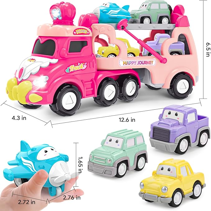 Toddler Car Toys for 1 2 3 4 Year Old Girl, 5-in-1 Pink Princess Truck Girl Cars for Toddlers 1-3 with Light & Sound, Toddler Girl Toys Age 1-2 2-4,Birthday Gifts for Baby Girl Toys