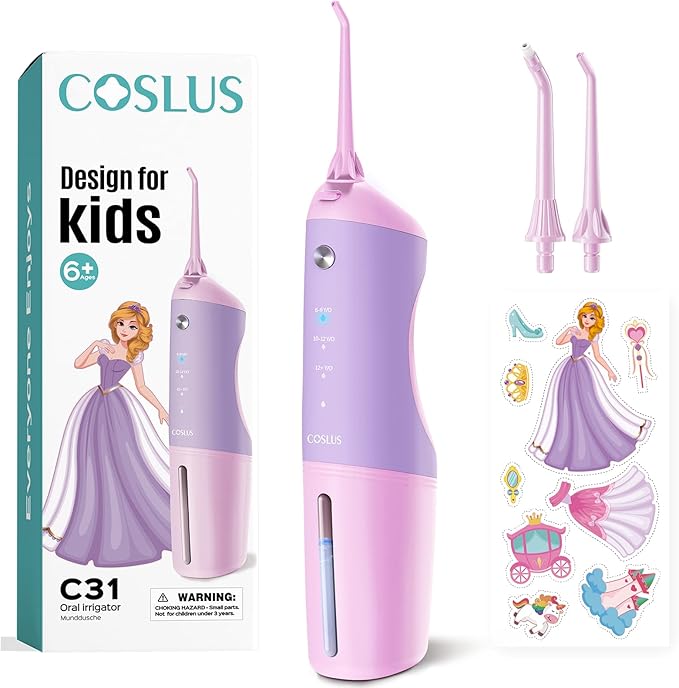 COSLUS Kids Water Dental Flosser Deep Cleaning Picks Portable 4 Modes for Ages 6+ Safe Waterproof Rechargeable with 2 Jet Tips for Gums Care Pink Purple
