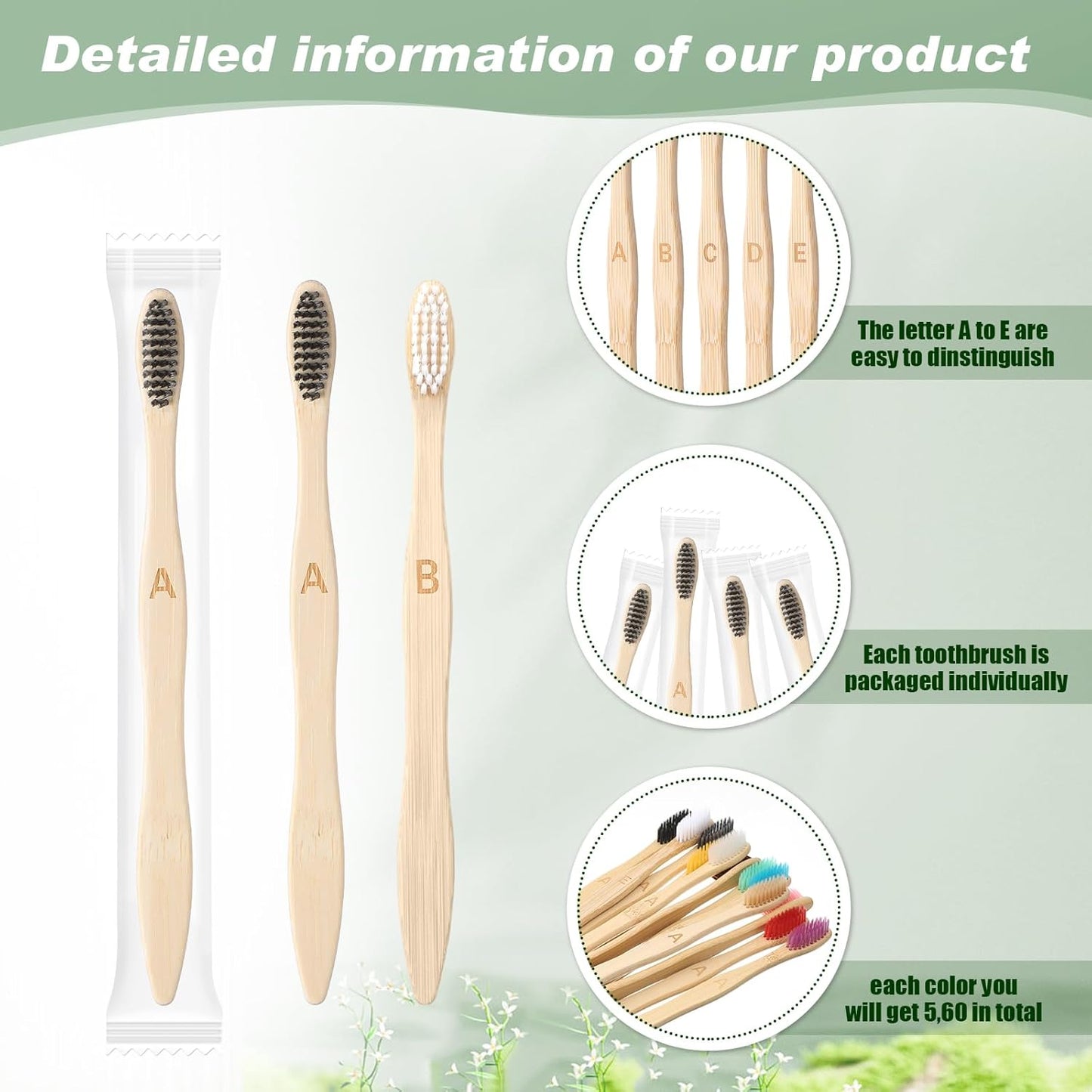 Sieral 60 Pcs 120 Pcs Bamboo Toothbrushes Bulk Soft Bristle Individually Wrapped Travel Toothbrush Eco Friendly Natural Wooden Tooth Brush for Kid Adult Home Travel Use, 7.5 Inch, 12 Colors (Letter)