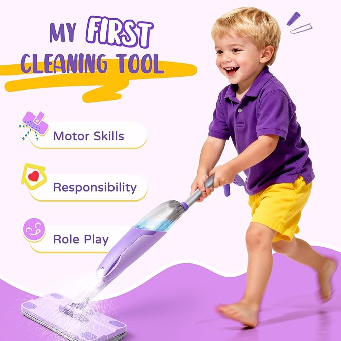 Purple Mini Spray Mop for Toddler-Montessori Cleaning Toy That Real Spray Water,Pretend Playhouse Essentials for Girls Ages 3-8,Toddler Educational Housekeeping Set