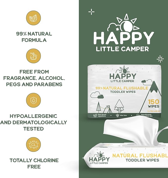 Happy Little Camper Natural Flushable Wipes - Hypoallergenic & Chlorine-Free Wet Wipes with Aloe Vera, Chamomile and Pomegranate Extract - Unscented Baby Wipes Safe for Sensitive Skin - 50 Count