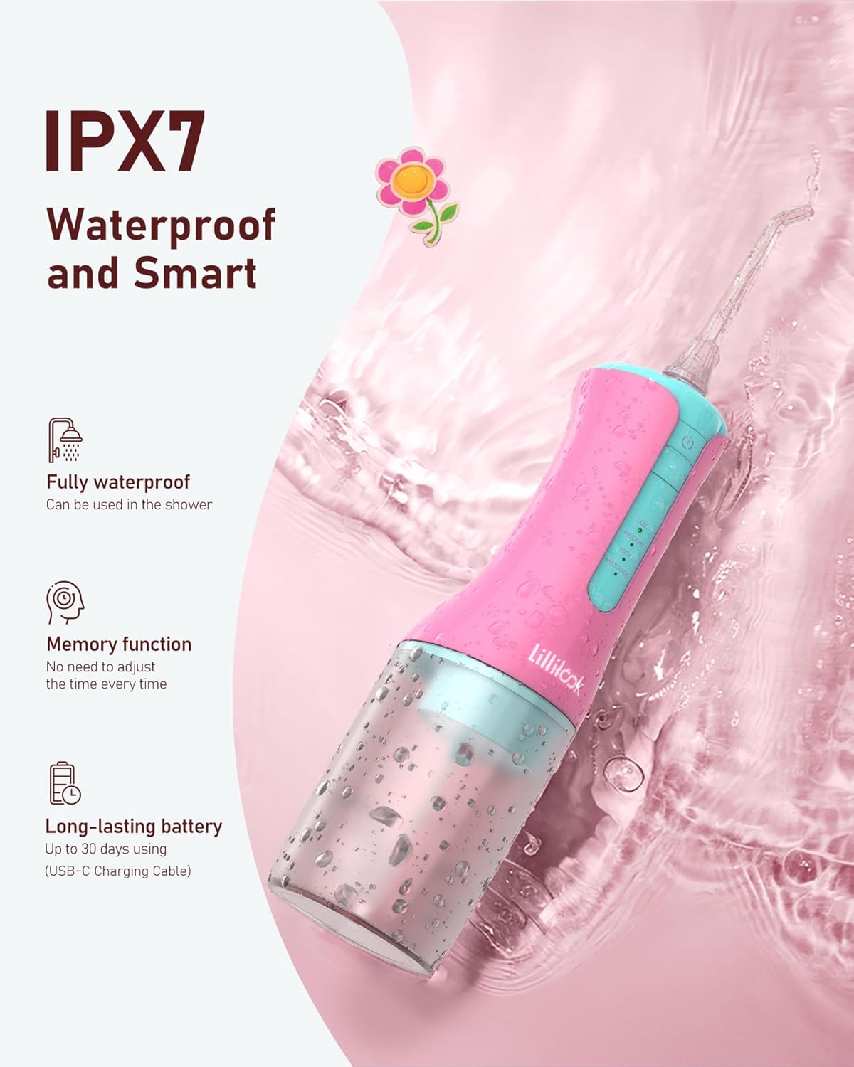 Kids Water Flosser Pink, Rechargeable Oral Irrigator for Kids Aged 6+, 4 Modes, 3 Jet Tips, Fun Stickers, Safe and Gentle Oral Care