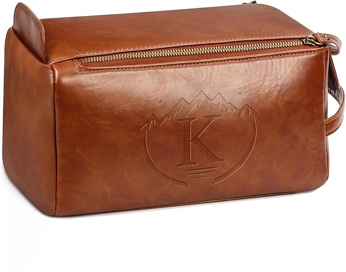 Personalized Toiletry Bag for Men,Initial Mens Toiletry Bags for Traveling,Men Travel Toiletries Bag,PU Leather Shaving Bag for Toiletries Accessories kit,Brown K