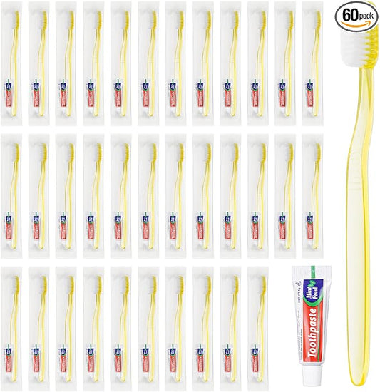 Disposable Toothbrush with Toothpaste Set Bulk, Individually Wrapped Soft Bristles Travel Size Medium Manual Toothbrushes Kit for Hotel/Travel/ Business/Donation/Homeless/Charity/Camping (60 Pack)