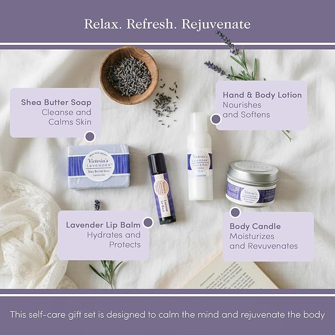 Victoria's Lavender Gift Set - Handmade Soap, Hand & Body Lotion, Lip Balm, Body Candle Luxury Lavender Products, Ideal Pamper Gifts for Women & Spa Gift - Made in the USA Lavender Set