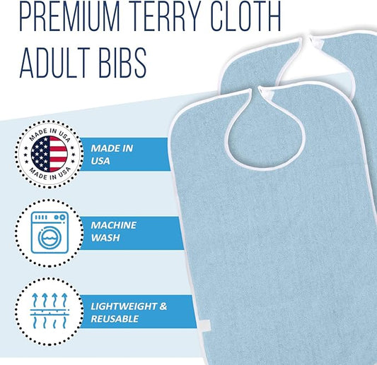 3 Pack Terry Cloth Bibs for Adults, Seniors, Special Needs, and Hospice or Personal Care with Built-In Crumb Catcher and Clothing Protector, Washable and Reusable