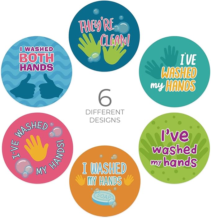 I Washed My Hands Sticker / 250 Kids Hand Washing Achievement Stickers / 2" School Children Colorful Reward Stickers / 6 Vibrant Designs/Made in The USA