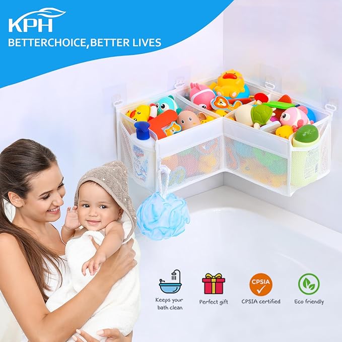 KPH Corner Bath Toy Organizer - Space-Saving 3-Compartment Bath Toy Storage, Mesh Bathroom Toy Holder for Kids, Durable Bathtub Organizer with Drain Holes
