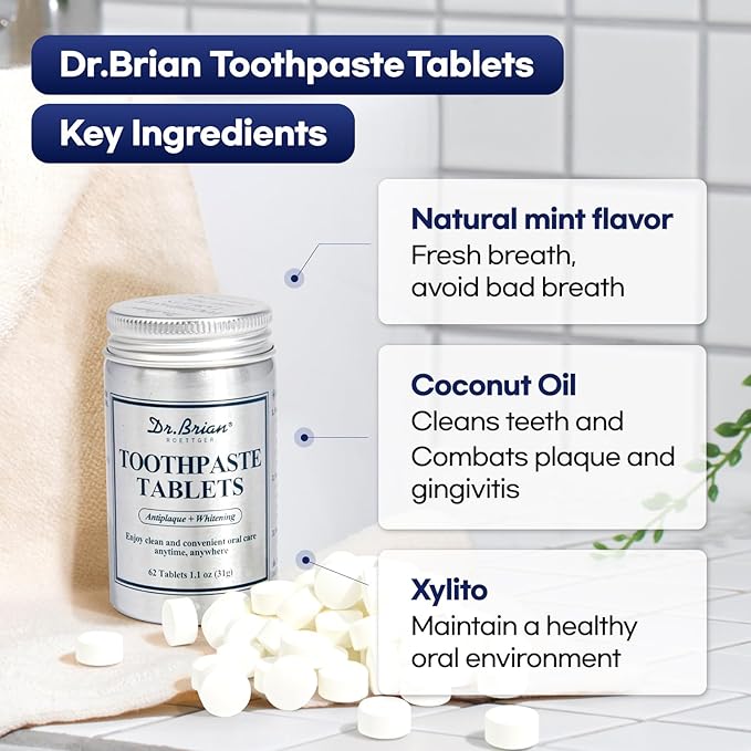 Toothpaste Tablets - Nano Hydroxyapatite Natural Whitening, Fluoride & Plastic Free, Eco-Friendly Travel Toothpaste Reduce Sensitivity, Remineralize (Mint, 62 Count)