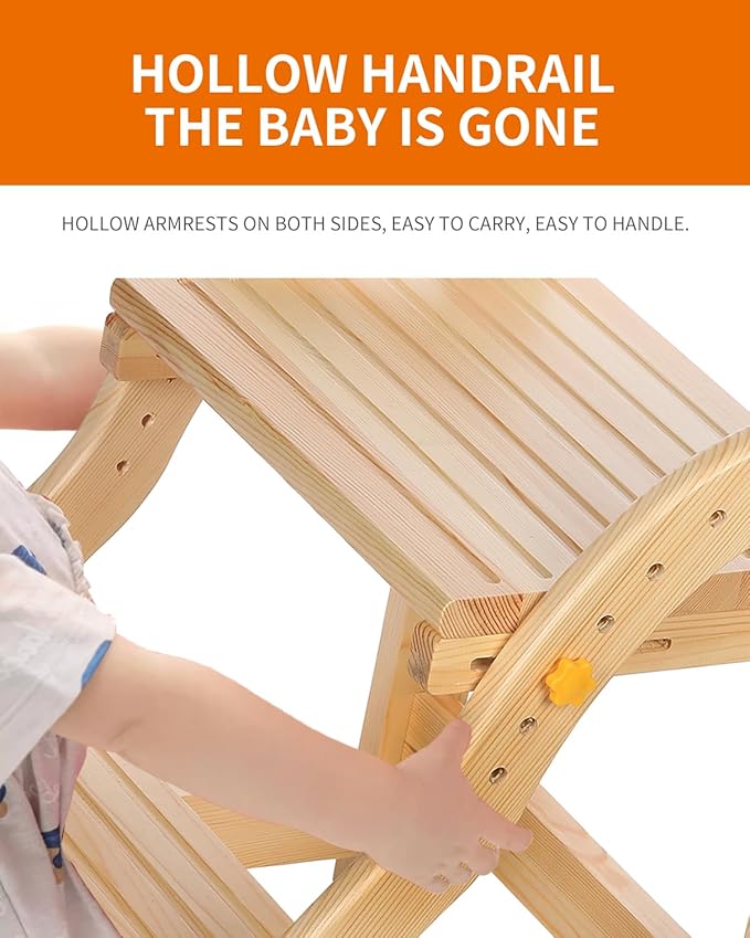 Wooden Step Stool for Kids, Adjustable Toddlers Two Step Stool Wood for Bathroom Kitchen, Non-Slip Beside Stepping Stool with 200 lbs Capacity (Natural Pine)