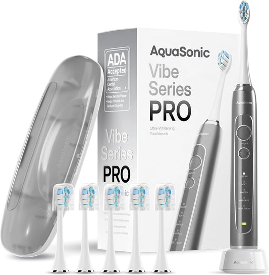 Aquasonic Vibe Series PRO – Ultra-Whitening Electric Toothbrush – 5 Modes & Smart Timers – Premium Travel Case & 6 Proflex Brush Heads – ADA Accepted Toothbrush (Charcoal Metallic)