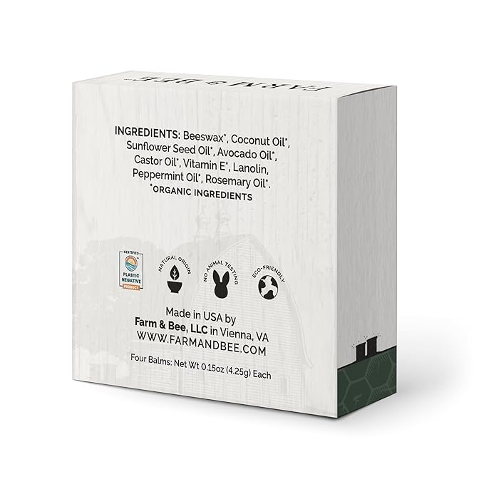 Natural Lip Balm - Organic & Natural Ingredients - Beeswax Based Moisturizing Lip Care Chapstick for Chapped Lips - Great Gift Idea - Farm & Bee - 0.15oz (Pack of 4 - Peppermint)