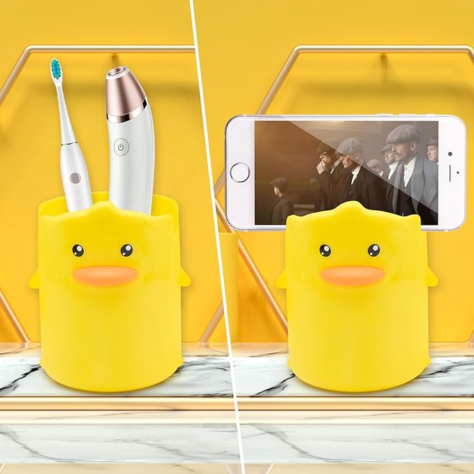 2 Pcs Pencil Holder for Kids, Cute Cartoon Little Yellow Duck Pen Holder, Multifunctional Phone Holder Makeup Brush Holder Stationery Storage Cup