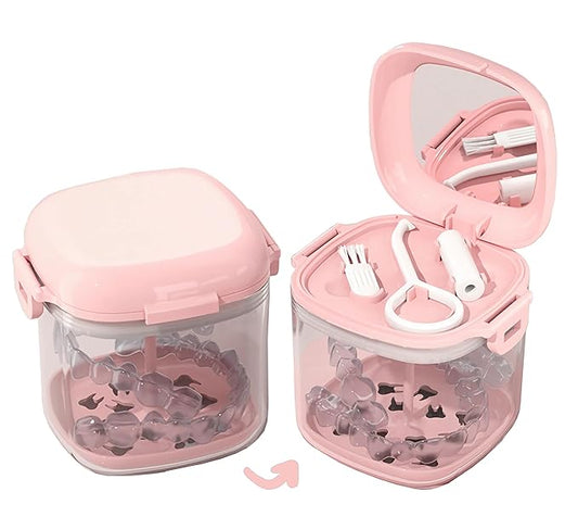 MURRI&MURRDI Retainer Case, Denture Bath Box with Strainer Basket, Mouth Guard Case, Braces Cleaner Cup, Cute Denture Holder Storage Soak Container for Travel Cleaning (A Pink)