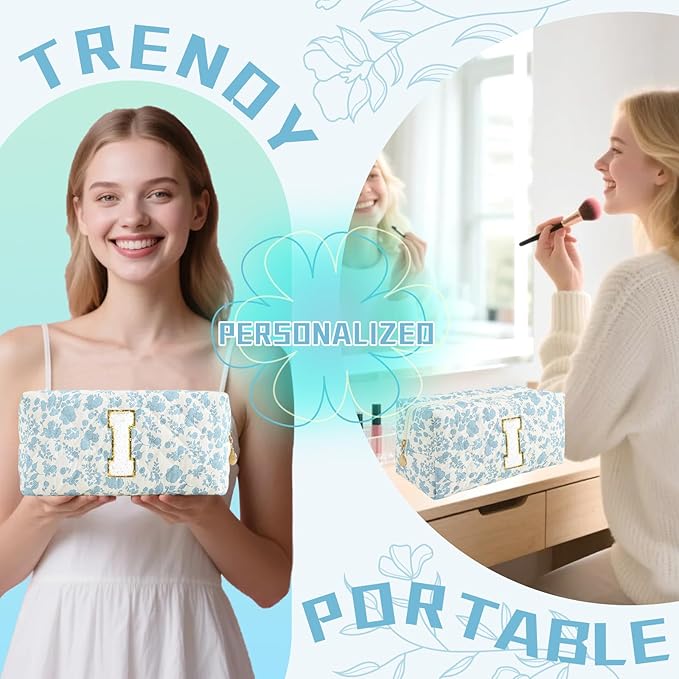 Personalized Quilted Cosmetic Bag, Puffy Monogrammed Christmas Birthday Gifts for Women & Girls, Cute initial Floral Makeup Bag Puffer Coquette Bag, Aesthetic Travel Toiletry Zipper Pouch(Blue,I)