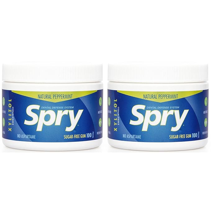 Spry Fresh Natural Xylitol Chewing Gum Dental Defense System - Aspartame-Free, Sugar-Free, Non-GMO, Gluten-Free (Peppermint, 100 Count - Pack of 2)