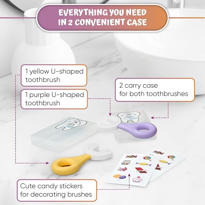 Kids' U Shaped Toothbrush Age 2-6 - Two Premium Soft Toothbrushes Come with 2 Travel Cases - Sensory Toothbrush - Round Silicone Toothbrush Head Makes Brushing Fun & Easy - 1 Purple, 1 Yellow