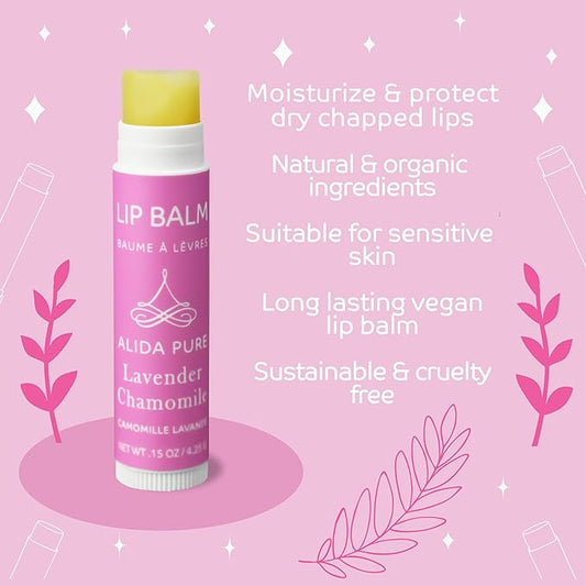 Lavender Chamomile Lip Balm Collection, Vegan Set, Beeswax Free, with Organic Jojoba and Avocado Oil, Vitamin E, Natural Moisturizer for Dry, Chapped Lips, 3 Tube Set